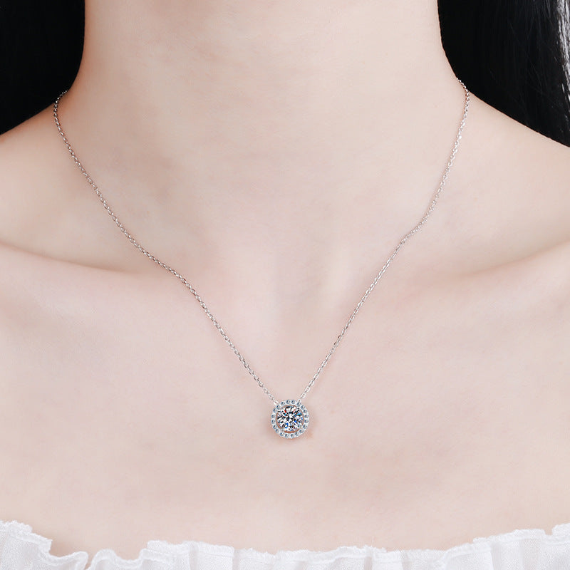925 Sterling Silver Round Halo Pendant Necklace - Minimalist Moissanite Choker for Women