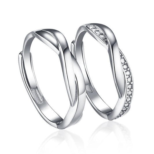 925 Sterling Silver Wave Couple Rings - Romantic Adjustable Matching Set with Zircon Accents