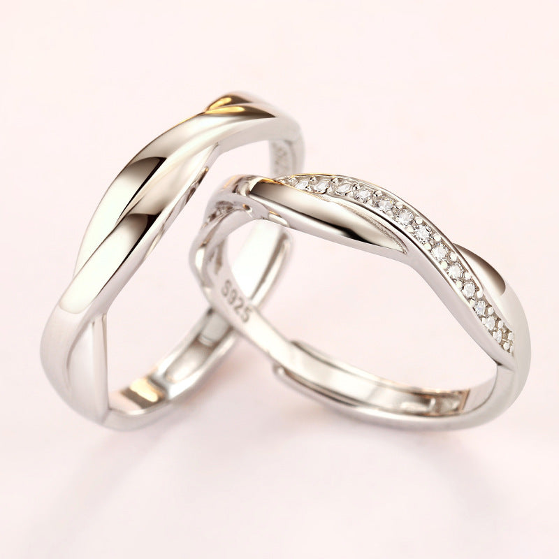 925 Sterling Silver Wave Couple Rings - Romantic Adjustable Matching Set with Zircon Accents