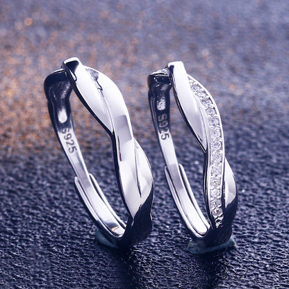 925 Sterling Silver Wave Couple Rings - Romantic Adjustable Matching Set with Zircon Accents