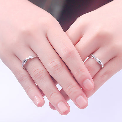 925 Sterling Silver Wave Couple Rings - Romantic Adjustable Matching Set with Zircon Accents