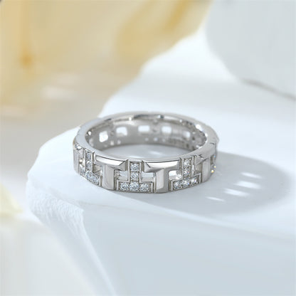 925 Sterling Silver Wide Band T-Ring – Elegant Zircon Letter Jewelry
