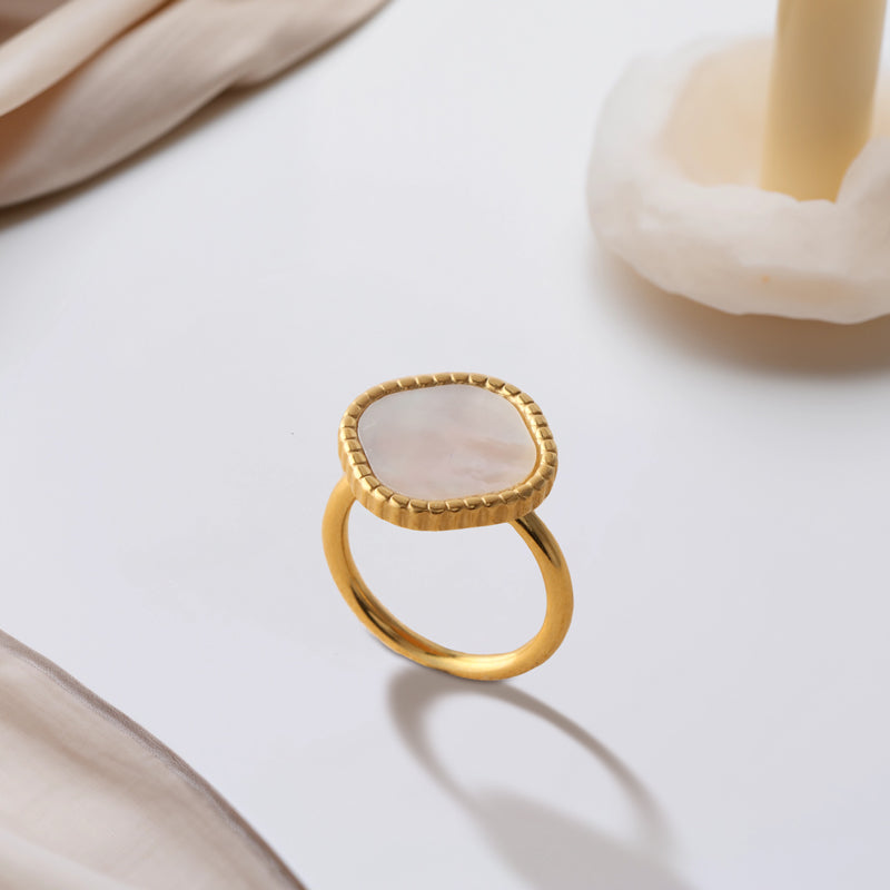 Minimalist Stainless Steel Ring with White Mother of Pearl Inlay