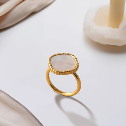 Minimalist Stainless Steel Ring with White Mother of Pearl Inlay