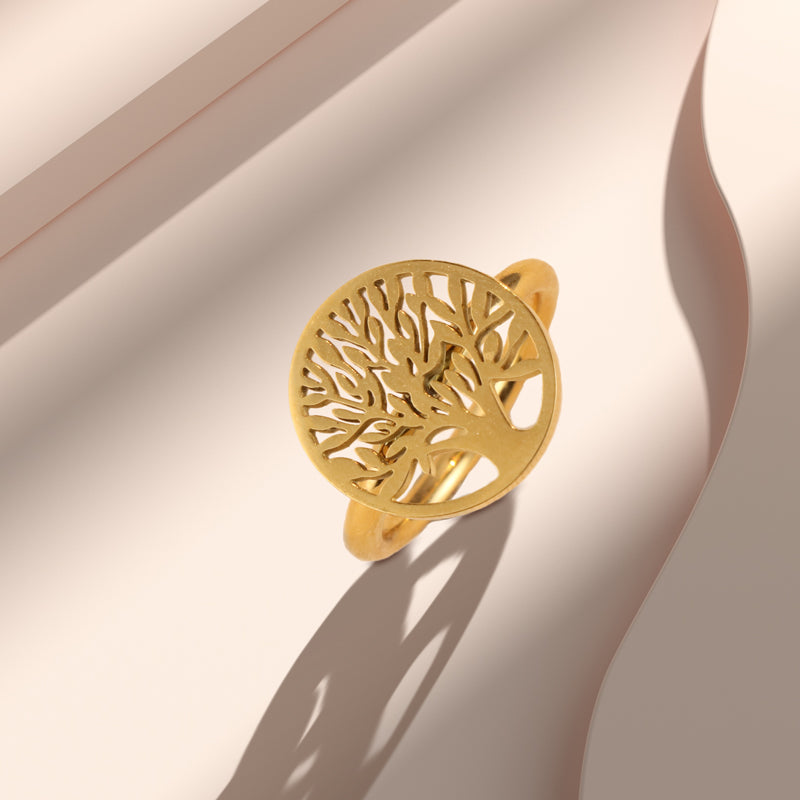 Stylish Gold Stainless Steel Ring with Tree Motif