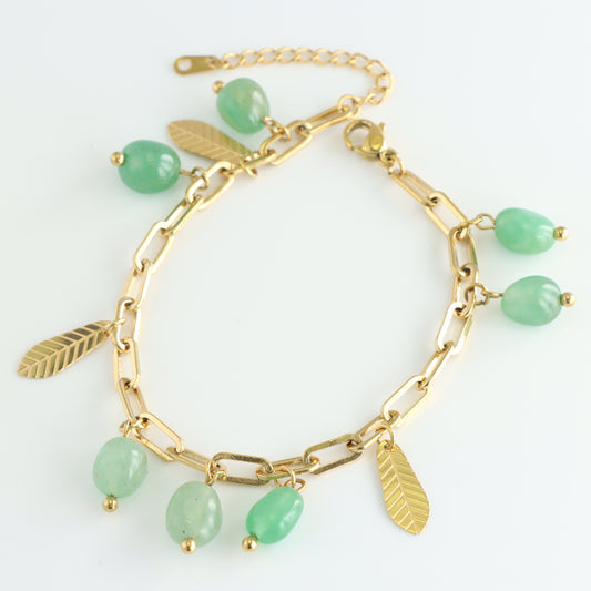 Green Stone Bracelet with Leaf Pendant