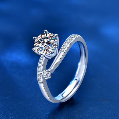 Adjustable Asymmetric 925 Silver Ring with 1ct Moissanite Instagram Style Women's Fashion Jewelry