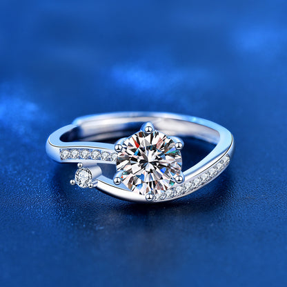 Adjustable Asymmetric 925 Silver Ring with 1ct Moissanite Instagram Style Women's Fashion Jewelry