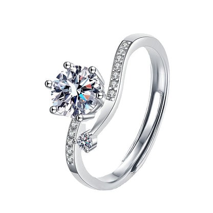 Adjustable Asymmetric 925 Silver Ring with 1ct Moissanite Instagram Style Women's Fashion Jewelry