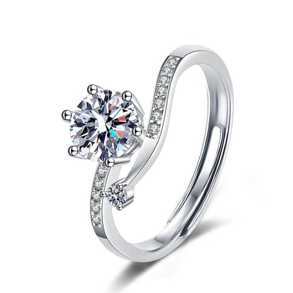 Adjustable Asymmetric 925 Silver Ring with 1ct Moissanite Instagram Style Women's Fashion Jewelry