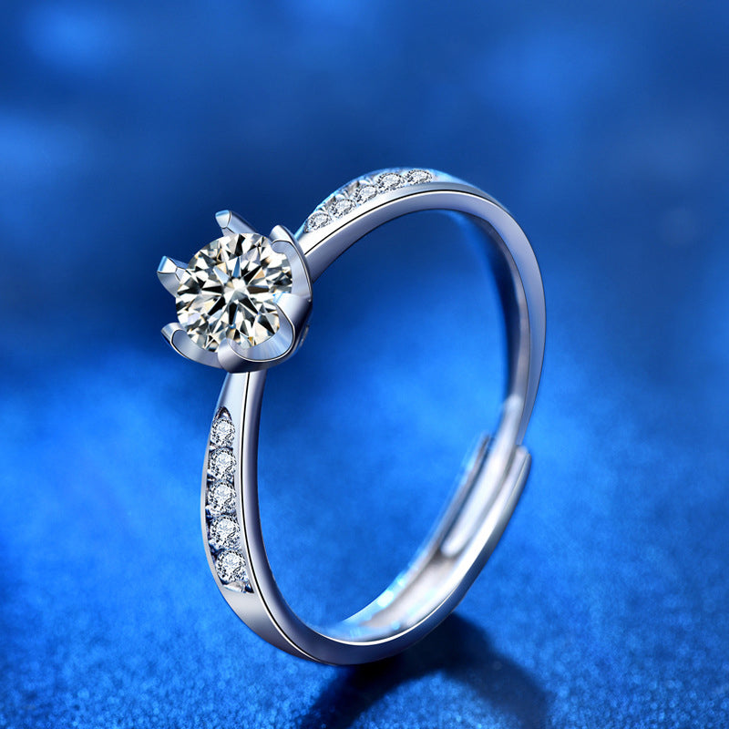 Adjustable Crown Design 925 Silver Ring with 0.5ct Moissanite & Pavé Heavy 0.05um Rhodium Plated Women's Jewelry