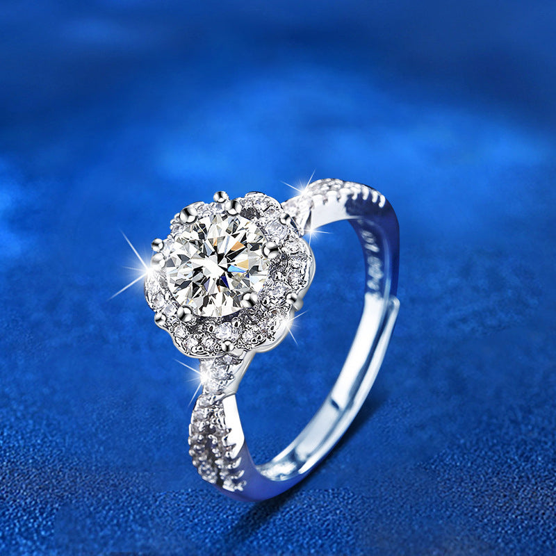 Adjustable Diamond Cut 925 Silver Ring with 1ct Moissanite Rhodium Plated Floral Women's Jewelry