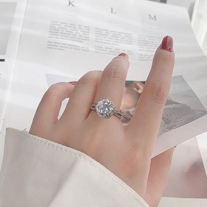 Adjustable Diamond Cut 925 Silver Ring with 1ct Moissanite Rhodium Plated Floral Women's Jewelry