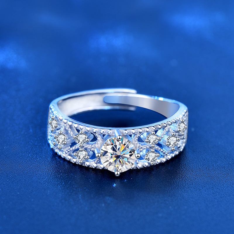 Adjustable Geometric 925 Silver Ring with 0.5ct Moissanite Rhodium Plated Open Band Women's Minimalist Jewelry