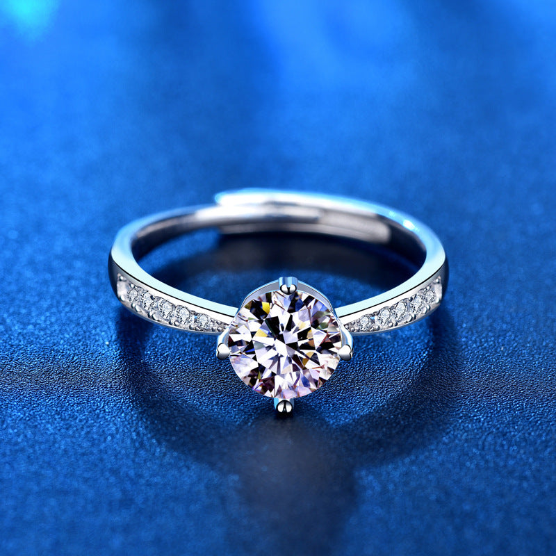Adjustable Geometric 925 Silver Ring with 1ct Moissanite and Hearts & Arrows Zircon Heavy 0.05um Rhodium Plated