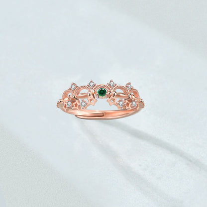 Adjustable Green Cubic Zirconia Open Ring for Women & Girls - Rhodium Plated 925 Silver Floral Geometric Design - Mother Daughter Matching Set