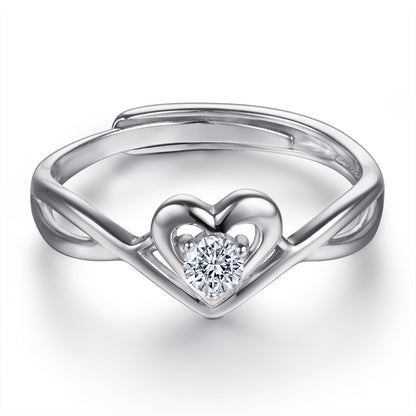 Adjustable Heart Zircon Ring - 925 Sterling Silver Minimalist Open Band Jewelry for Women