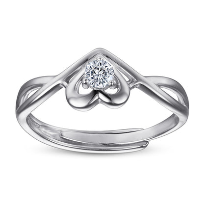 Adjustable Heart Zircon Ring - 925 Sterling Silver Minimalist Open Band Jewelry for Women