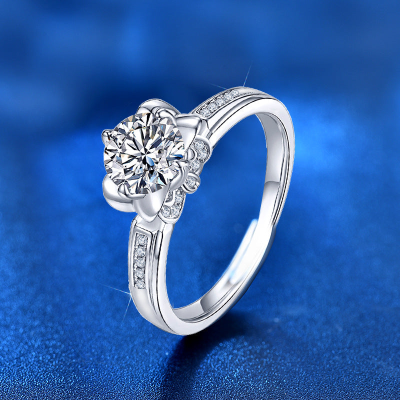 Adjustable Iris Flower 925 Silver Ring with 1ct Moissanite Trendy Women's Fashion Jewelry