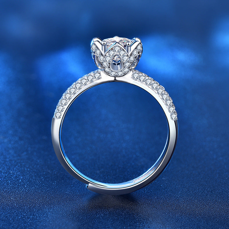 Adjustable Lotus Flower 925 Silver Ring with 1ct Moissanite Unique Women's Jewelry