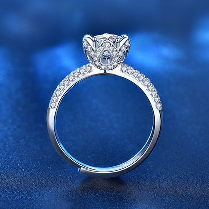 Adjustable Lotus Flower 925 Silver Ring with 1ct Moissanite Unique Women's Jewelry