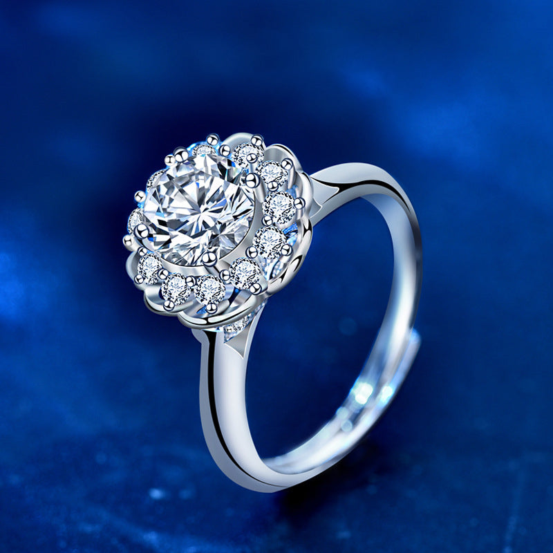Adjustable Petal Design 925 Silver Ring with 1ct Moissanite Rhodium Plated Women's Luxury Jewelry