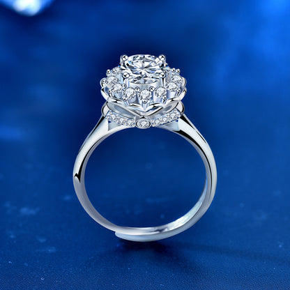 Adjustable Petal Design 925 Silver Ring with 1ct Moissanite Rhodium Plated Women's Luxury Jewelry