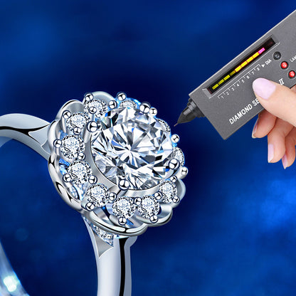 Adjustable Petal Design 925 Silver Ring with 1ct Moissanite Rhodium Plated Women's Luxury Jewelry