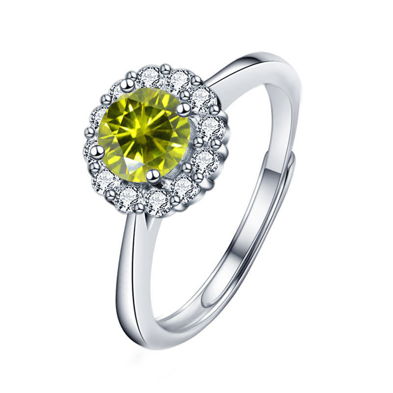 Vibrant adjustable sun ring with 1ct colored moissanite in rhodium plated 925 silver Nature inspired design 2.5g