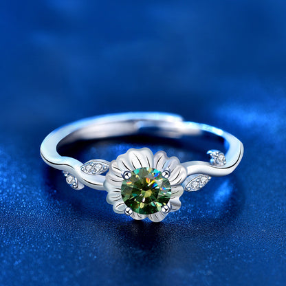 Adjustable Sunflower 925 Silver Ring with 0.5ct Green/White/Champagne Moissanite Rhodium Plated Floral Boho Women's Jewelry
