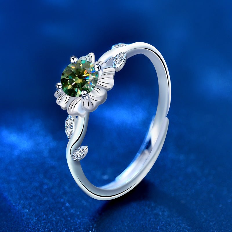 Adjustable Sunflower 925 Silver Ring with 0.5ct Green/White/Champagne Moissanite Rhodium Plated Floral Boho Women's Jewelry