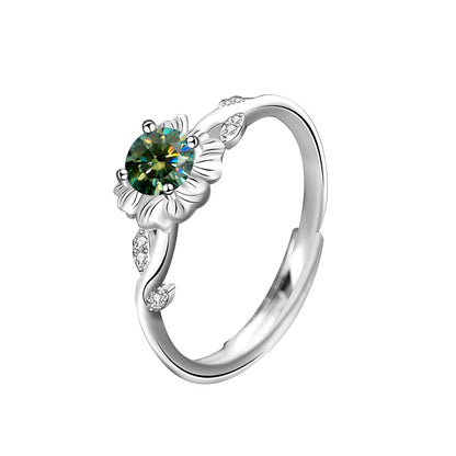 Adjustable Sunflower 925 Silver Ring with 0.5ct Green/White/Champagne Moissanite Rhodium Plated Floral Boho Women's Jewelry