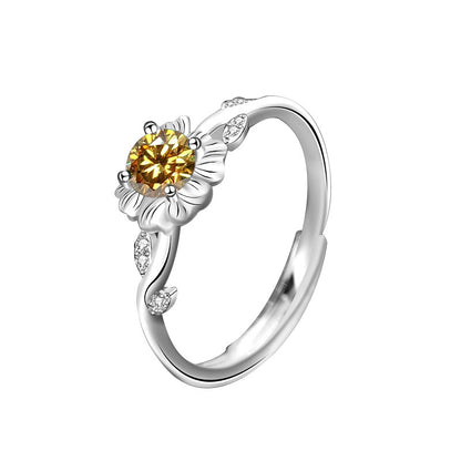 Adjustable Sunflower 925 Silver Ring with 0.5ct Green/White/Champagne Moissanite Rhodium Plated Floral Boho Women's Jewelry