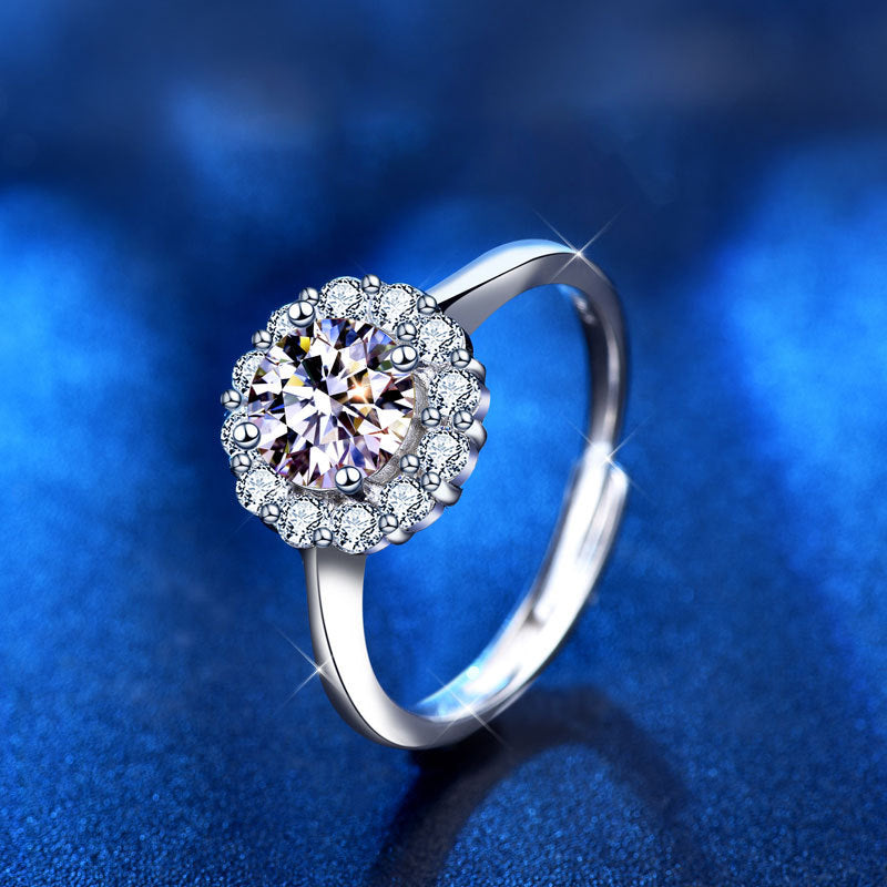 Adjustable Sunflower Geometric 925 Silver Ring with 1ct/2ct D Color White/Green Moissanite Heavy 0.05um Rhodium Plated