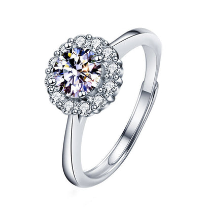 Adjustable Sunflower Geometric 925 Silver Ring with 1ct/2ct D Color White/Green Moissanite Heavy 0.05um Rhodium Plated