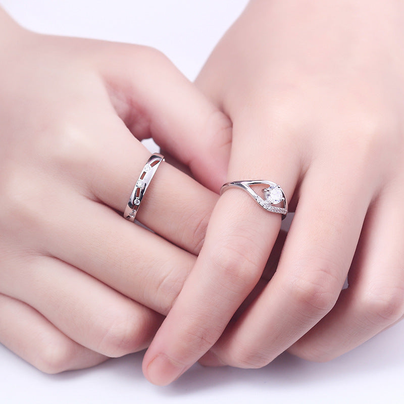 Adjustable Zircon Couple Rings Set - 925 Sterling Silver Geometric Wedding Bands