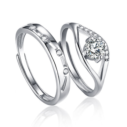 Adjustable Zircon Couple Rings Set - 925 Sterling Silver Geometric Wedding Bands