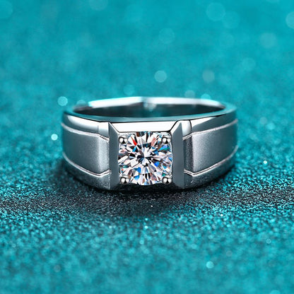 Adjustable S925 Sterling Silver Men's Ring | 0.5-1ct Moissanite Pyramid Design with Cultural Motif