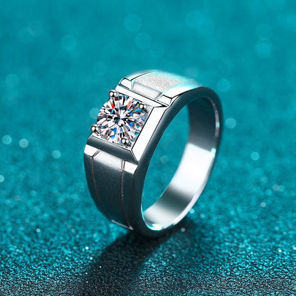 Adjustable S925 Sterling Silver Men's Ring | 0.5-1ct Moissanite Pyramid Design with Cultural Motif