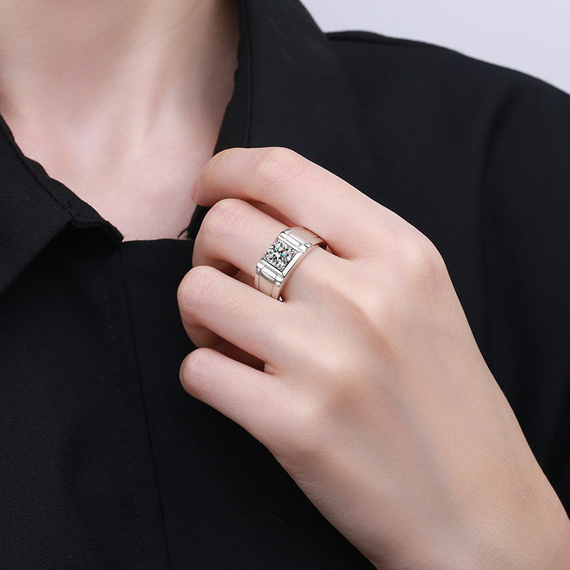 Adjustable S925 Sterling Silver Men's Ring | 0.5-1ct Moissanite Pyramid Design with Cultural Motif