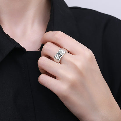 Adjustable S925 Sterling Silver Men's Ring | 0.5-1ct Moissanite Pyramid Design with Cultural Motif