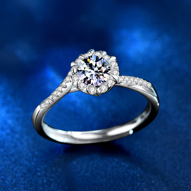Adjustable Snowflake Geometric 925 Silver Ring with 0.5ct Moissanite Rhodium Plated Chic Women's Jewelry