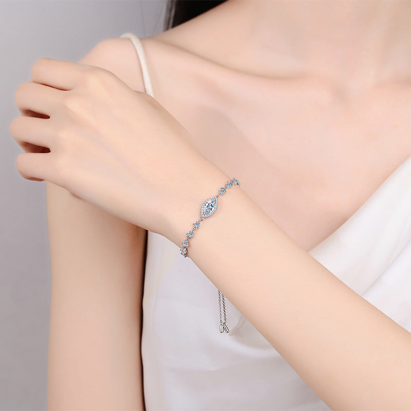 Artisan Rhodium-Plated Sterling Silver Botanical Charm Bracelet with 1ct White & Blue Moissanite