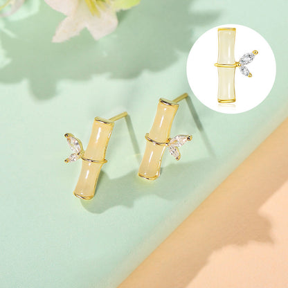 925 Sterling Silver Bamboo Jade Stud Earrings - New Chinese Style Natural Gemstone Earrings for Women