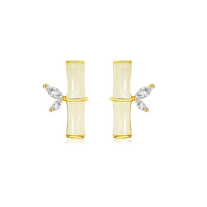 925 Sterling Silver Bamboo Jade Stud Earrings - New Chinese Style Natural Gemstone Earrings for Women