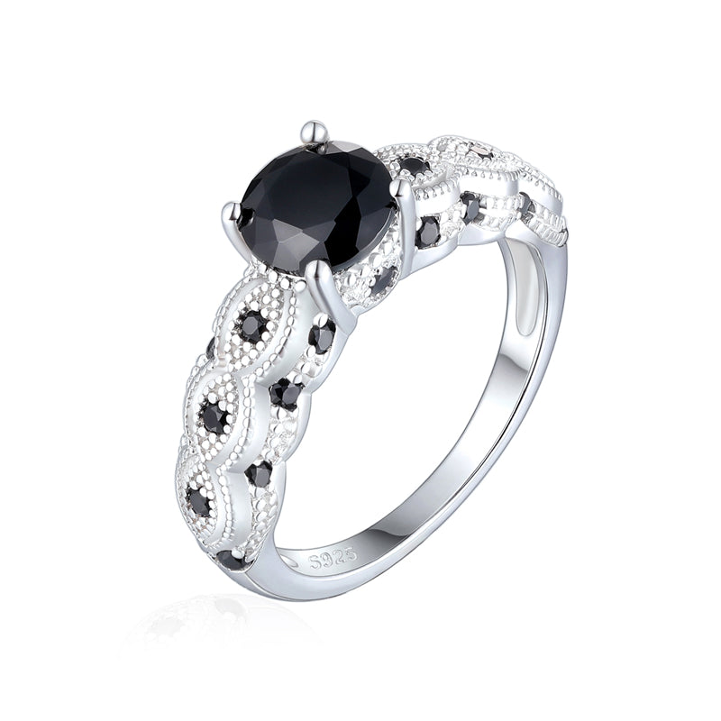 Black Zirconia 925 Silver Ring - Trendy Geometric Floral Band for Women
