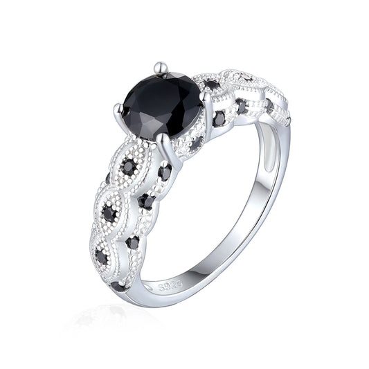 Black Zirconia 925 Silver Ring - Trendy Geometric Floral Band for Women