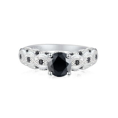 Black Zirconia 925 Silver Ring - Trendy Geometric Floral Band for Women
