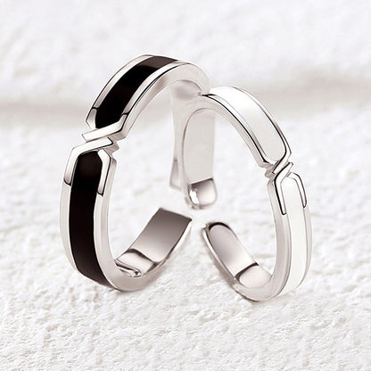 Black & White Bond Couple Rings - 925 Sterling Silver Japanese-Inspired Long Distance Matching Set
