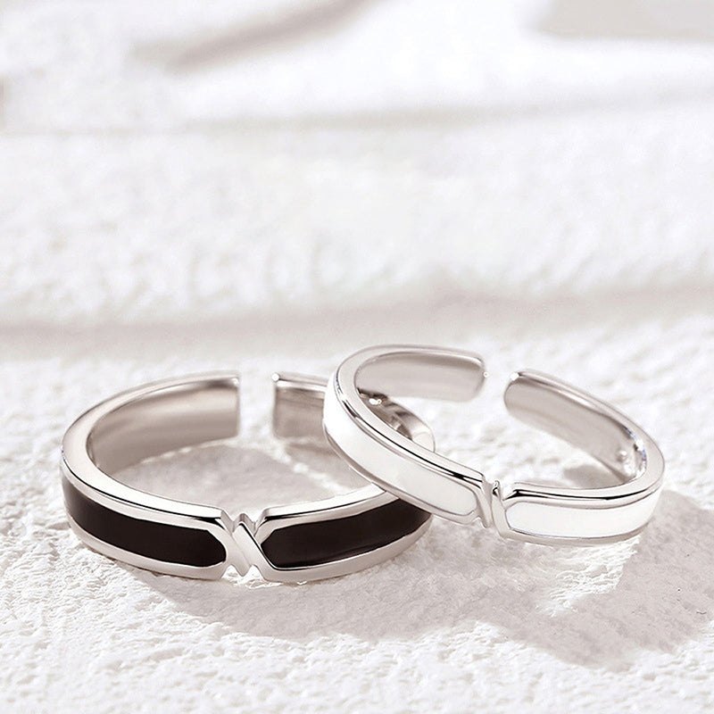 Black & White Bond Couple Rings - 925 Sterling Silver Japanese-Inspired Long Distance Matching Set